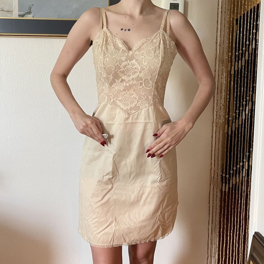 Vintage Beige Nude Vanity Fair Slip Dress Lingerie Nightgown Basque Waist Size S